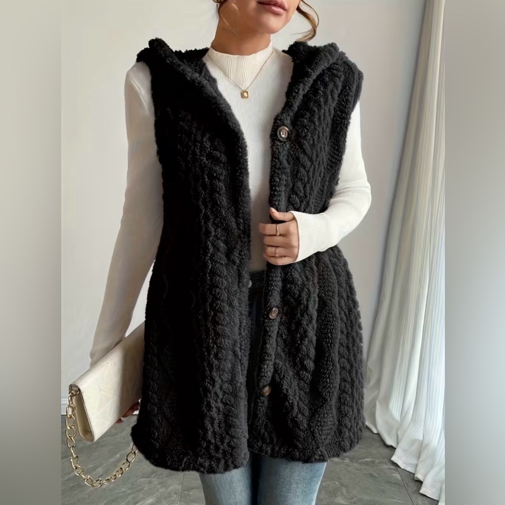 Elegant Hooded Faux Fur Vest 100% Solid Color Plush Sleeveless Jacket